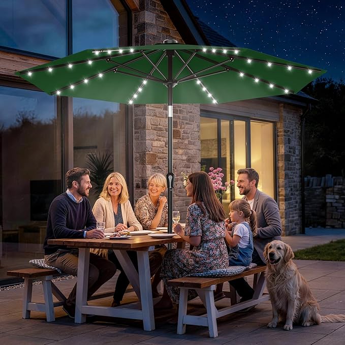AreShark 9FT Patio Umbrella with Solar Lights, 32 LED Lighted Pool Umbrella w/Tilt and Crank, Outdoor Market Solar Umbrellas for Garden, Deck, Backyard, Pool and Beach, Dark Green