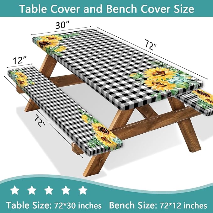 Picnic Table Cover with Bench Covers and Bag, Outdoor Waterproof Windproof Tablecloth with Elastic Edges. Camping Accessories RV Gear Campers 60x30 Inches 3 Pcs Set Black-White Checkered