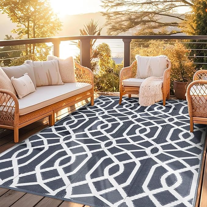 wikiwiki 9x12ft Outdoor Rug, Reversible Plastic Patio Rug Waterproof, Indoor Outdoor Carpet Clearance, Large Area Carpet for Patio Deck Balcony Pool RV Camping Beach Picnic, Grey
