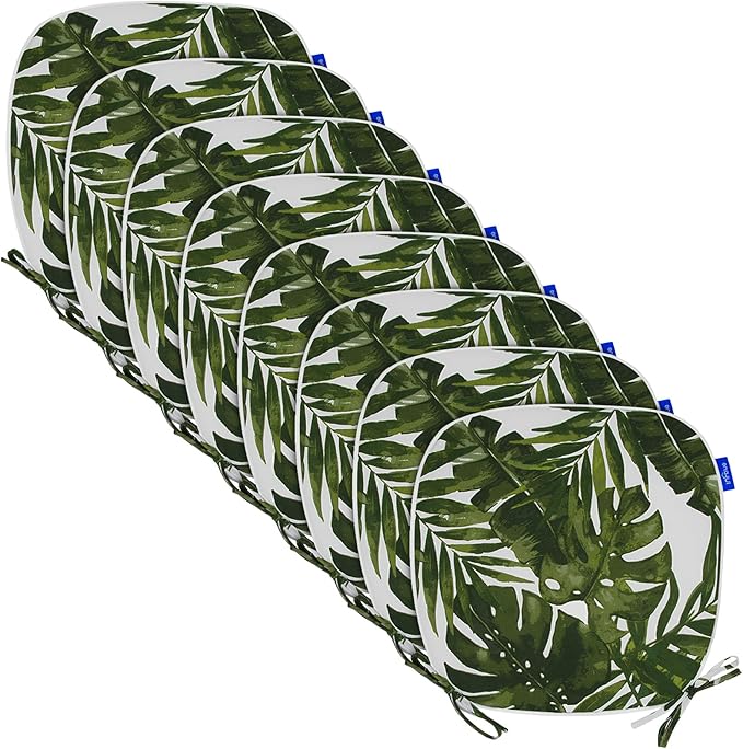 SleepMan Outdoor 17"x16" Chair Cushions with Ties Set of 8, Water Resistant All Weather U-Shape Seat Pads for Patio Garden Furniture Indoor Fade Resistant Patio Cushions (Green Leaf)