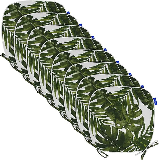 SleepMan Outdoor 17"x16" Chair Cushions with Ties Set of 8, Water Resistant All Weather U-Shape Seat Pads for Patio Garden Furniture Indoor Fade Resistant Patio Cushions (Green Leaf)