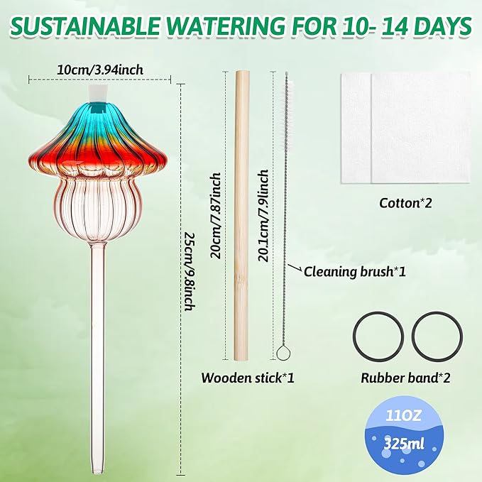 11 oz Large Plant Watering Globes Mushroom, Gradient Color Glass Watering Bulbs, Self Watering Planter Insert, Self Watering Globes - Vacation Plant Watering Devices for Travel (Large 2-Pack)