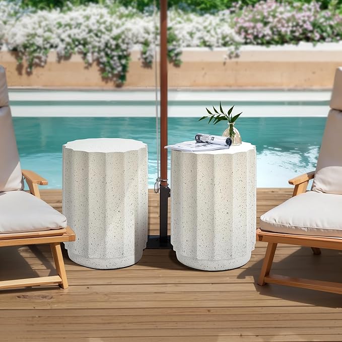 LuxenHome Cream with Gray Cement Fluted Round Indoor Outdoor Side and End Table, Set of 2