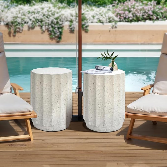 LuxenHome Cream with Gray Cement Fluted Round Indoor Outdoor Side and End Table, Set of 2