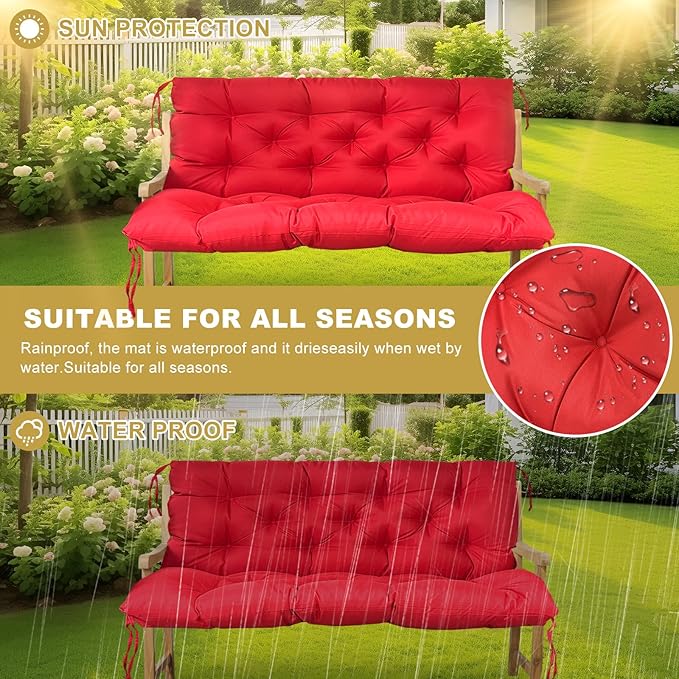 60" Porch Swing Cushion with Backrest, Waterproof Outdoor Bench Swing Cushions 3 Seater Replacement Thickened Swing Cushions with Ties for Patio Garden Backyard,Red,60x40in