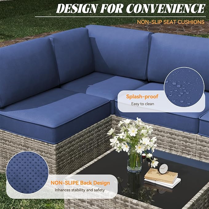 Patio Cushions for Outdoor Furniture,Water-Resistant Outdoor Cushions for 6 Seat Outdoor Sectinal,25.3"×25.3" Deep Seat Sofa Cushions, 14-Piece Outdoor Couch Cushions,Deep Blue