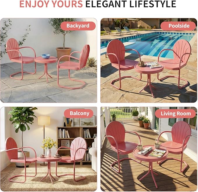 Patio Bistro Set Retro Metal Outdoor Seating Conversation 3 Pieces, 2 C-Spring Motion Armchairs and Round Side Table, for Porch, Lawn, Garden (Pink)