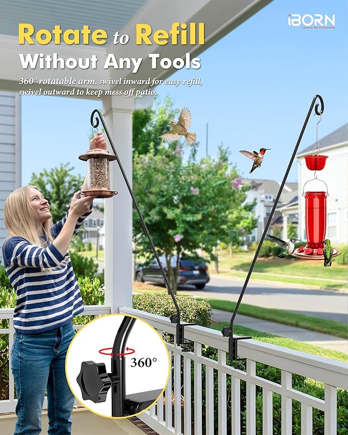 iBorn 40 Inch Deck Hook for Bird Feeder Outdoors Hanging, Hummingbird Feeder Hanger for Deck Railing, Squirrel Proof Shepherd Hook, Rotatable for Refilling, Wrought Iron Solid Wire, Pack of 2, Black