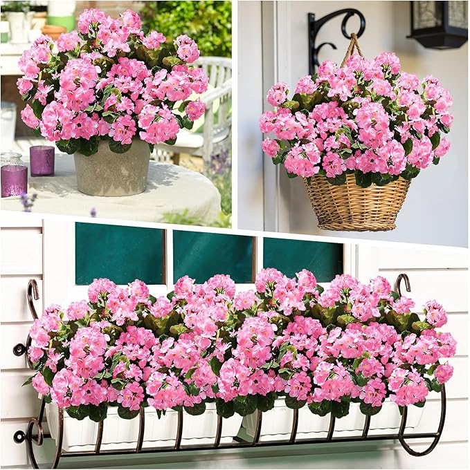 famibay Artificial Flowers for Outdoor Indoor Garden Home Decoration, 8 Bundles Silk Geraniums UV Resistant Look Real Faux Plants for Front Door Porch Planter Urn Patio Garden,Pink