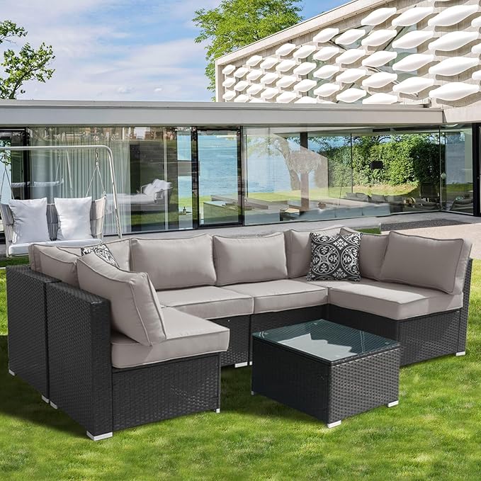 Outdoor Cushions for Patio Furniture,14Pieces Water-Resistant Replacement Cushions Fits 6-seat Sectional Rattan Conversation Set Outdoor Patio Sofa Cushion,Liner&Cover(Grey)