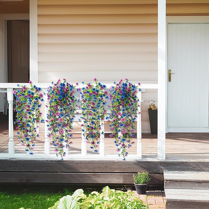 Artificial Hanging Flowers Plants for Outdoor Spring Summer Decoration, 2PCS Faux Silk Daisy UV Resistant Look Real for Outside Home Indoor Planter Porch Garden Yard Decor(Purple Blue)