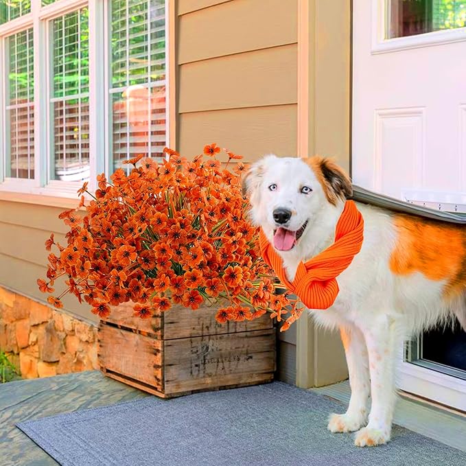 Artificial Mums Fall Fake Flowers for Outdoors, 12 Bundles Faux Mums for Outdoor Planters Autumn Decorations,UV Resistant Silk Flowers for Front Porch Garden Patio Home Decor(Fall-Orange)