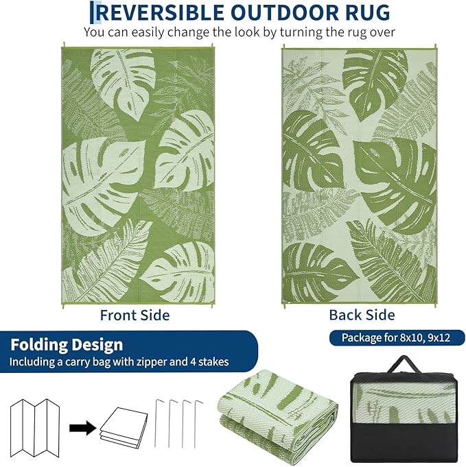 COZYLOOM Outdoor Plastic Straw Rug 9x12 UV Resistant Waterproof Patio Rug, Reversible RV Camping Mat with Portable Bag & 4 Stakes, Modern Outdoor Carpet for Balcony Deck Yard, Sage Green