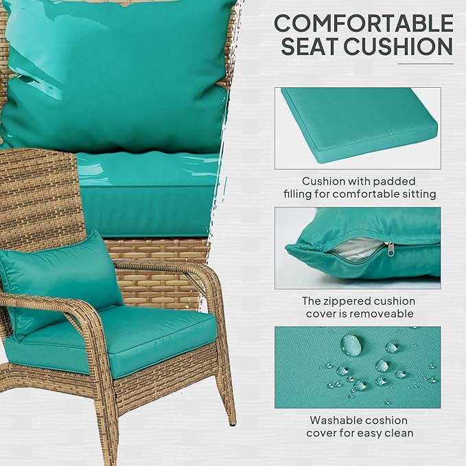 Outsunny Patio Wicker Adirondack Chair, Outdoor All-Weather Rattan Fire Pit Chair with Soft Cushions, Tall Curved Backrest and Comfortable Armrests for Deck or Garden, Sky Blue