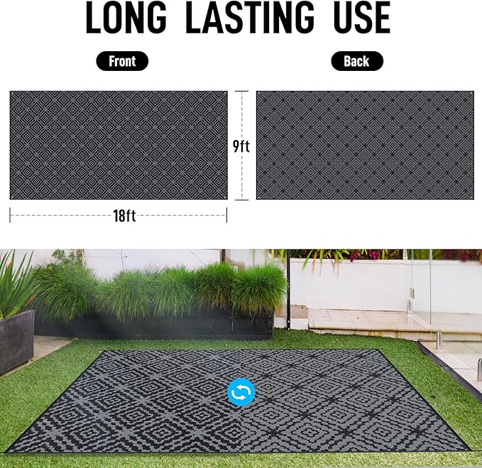 GOTGELIF Outdoor Camping Rug Waterproof 9x18FT, Large Reversible Stain&UV Resistant Plastic Straw RV Rug for Outside Patio Pool Deck Beach Indoor, Area Carpet Mat with Portable Bag&4 Stakes-Black Grey