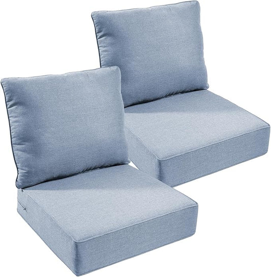Outdoor Chair Cushions Set of 2, Waterproof 24x24 Patio Chair Cushion, 6" Thickened Seat Cushion for Outdoor Furniture, Couch Cushion Replacement, Include 2 Back & 2 Seat Cushions, Thick/BabyBlue