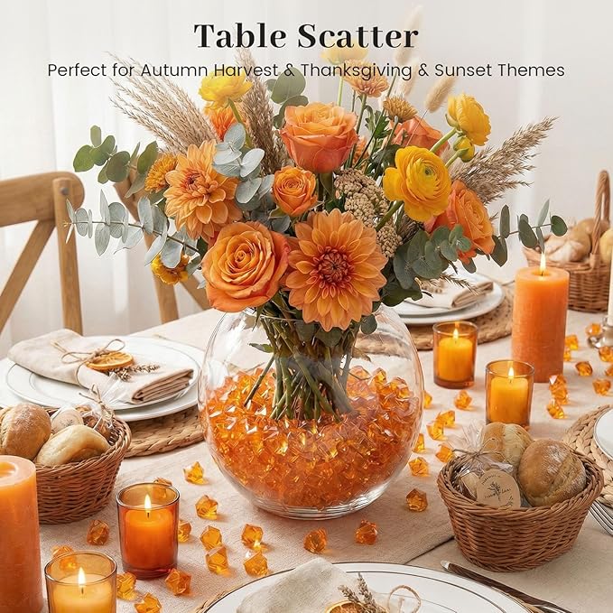 DomeStar Orange Fake Ice Rocks, 150PCS Acrylic Gems Crystals Plastic Diamonds Fake Ice Cubes Centerpiece for Vase Fillers DIY Craft Wedding Party Table Scatter Burnt Orange Decorations