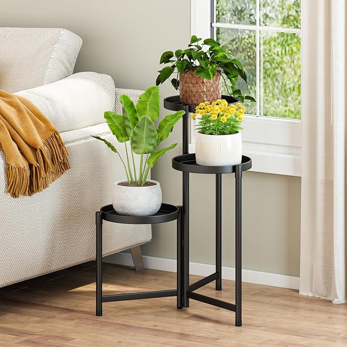 Plant Stand indoor outdoor-3 Tier black Tall Metal Flower Pot Holder Potted Display Rack - Heavy Duty Corner Plant Shelf for Patio Garden Balcony Living Bedroom Room