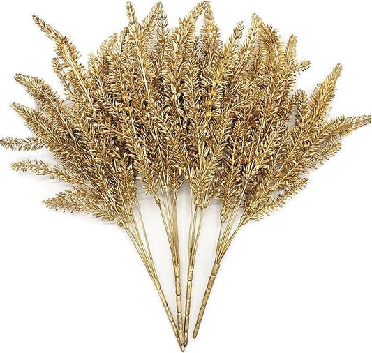 CATTREE Christmas Artificial Golden Plants, Plastic Grass Faux Shrubs Fake Lavender Leaves Simulation Wheat Ears Bushes Home Indoor Wedding Party Decoration Hall Table Planter Filler - Gold 4 Pack