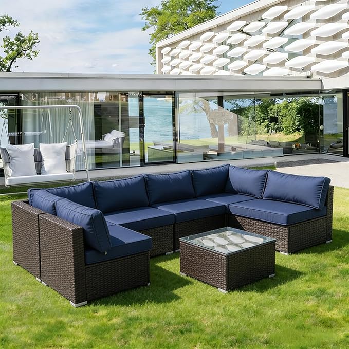Patio Furniture Cushions, 14 Pieces Water-Resistant Outdoor Replacement Cushions, Sectional Sofa Cushions for 6-Seats Rattan Wicker Patio Conversation Sets, Dark Blue