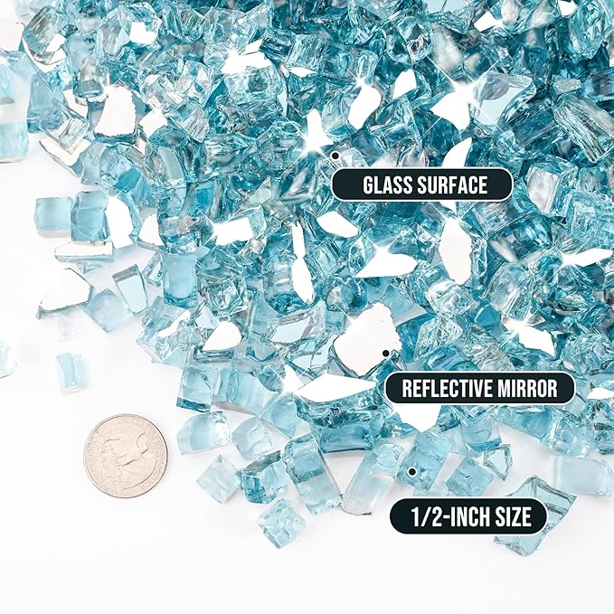 Skyflame 15 Pounds Fire Pit Glass, 1/2 Inch Aqua Blue Reflective Fire Glass for Fire Pit Table/Fireplace/Landscaping