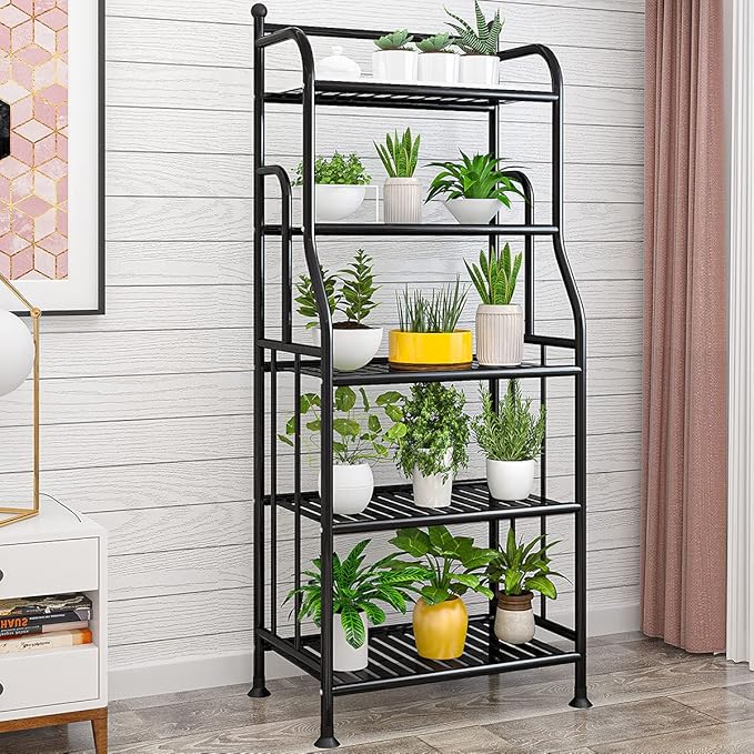 5 Tier Metal Plant Stand Iron Flower Pots Holder Storage Shelf, Planter Display Rack Indoor and Outdoor Multiple Shoe Organizer for Garden Balcony Living Room Kitchen Bathroom (Black)