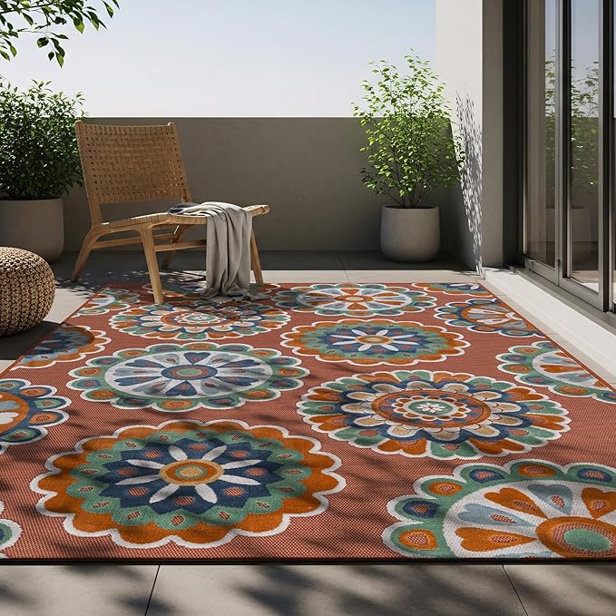 Outdoor Rug 9x12 Washable Area Rugs Indoor Outdoor Carpets Orange Bohemian Medallion Non Shedding Waterproof Easy Clean Patio Deck Porch Living Room Bedroom Garden RV (9 X 12 Orange)