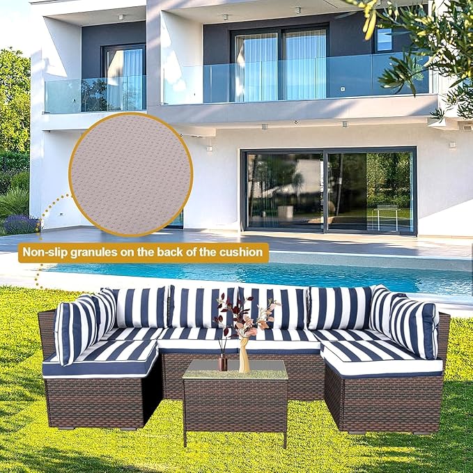 14 Piece Outdoor Patio Cushion Cover Replacement, Waterproof Patio Cushion Covers, Outdoor Furniture Cushion Covers Set for 6 Seat Wicker Rattan Sofa (Blue+White Stripe)