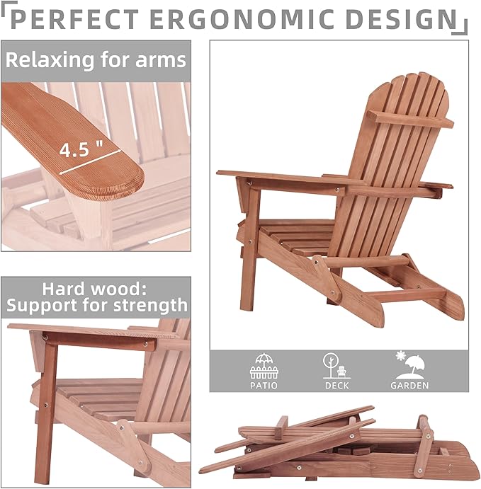 SoliWood Outdoor Wooden Folding Adirondack Chair Set of 6 with Pre-Assembled BackRest, Wood Patio Chair for Garden Backyard Porch Pool Deck Firepit