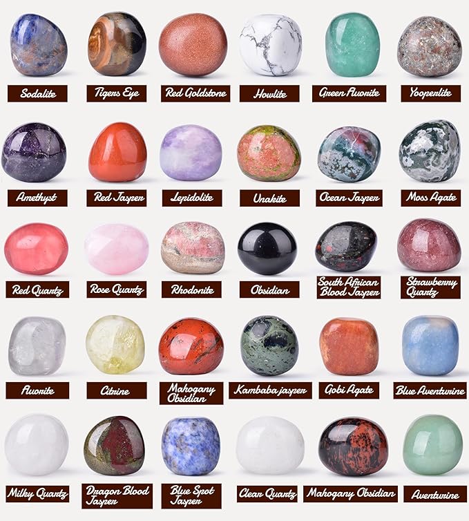 Polished Stone Set, Limited Edition, 50 Pcs, 1.8 lbs, 0.8 Inches, 25 Types of Extra Large Tumbled Gemstones and Crystals in Bulk for Healing, Reiki, Meditation, and Witchcraft