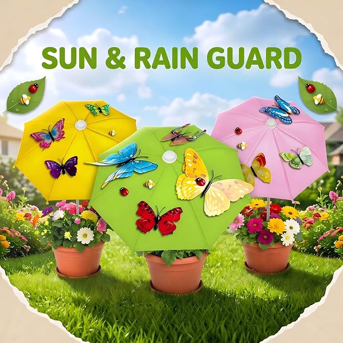 3 pack Plants Umbrellas for Outdoor Plants, Garden Small Umbrellas for Potted Plants & Garden Beds Provide Sun Shade and Rain Protection with 12 Butterflies and 8 Insect Accessories