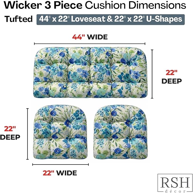 RSH DECOR: 3-Piece Wicker Tufted Cushion Set | 44" x 22" Loveseat & 22" x 22" U-Shapes | Outdoor Replacement Cushions | Water & Fade-Resistant Spun Fabric | Made in USA (Bettina Aqua)