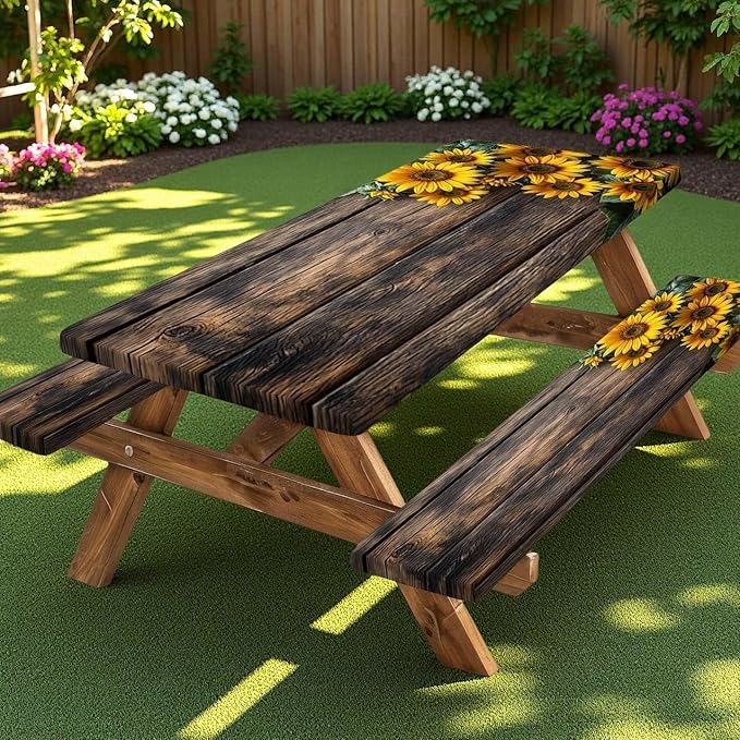 Picnic Table Cover with Bench Covers Wood Sunflower Elastic Outdoor Tablecloth Camping Essentials Waterproof Windproof Camping Tablecloth with Drawstring Bag, Fitted Rectangle Tables Seats 96X30in
