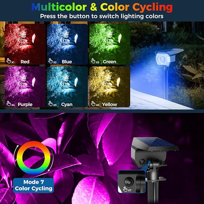 Peasur Solar Spot Lights Outdoor Color Changing, 7 Modes Halloween RGB Solar Powered Waterproof Spotlight, Landscape Lighting for Outside Yard Garden Pathway