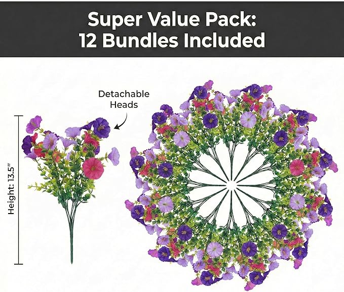 12Pcs Artificial Outdoor Flowers for Outdoors, Faux Silk Realistic Morning Glory Floral Arrangement Planter UV Resistant for Porch Patio Window Box Balcony Garden Decor (12pcs Mixed Purple)