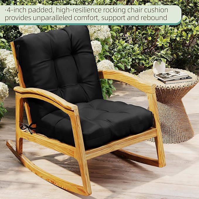 Outdoor Chair Cushion, 42x21x4 Inch Patio Cushions for Dining/Rocking Chairs, High Back Soft Seat Pad with Ties, Indoor Outside Use, Fade-Resistant & Waterproof, Black
