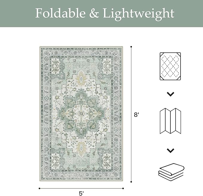 GENIMO Outdoor & Indoor Area Rug 5'x8', Waterproof, Non-Shedding, Easy Cleaning, Boho Mat for Patio, Living Room, Balcony, Dining Room, RV, Deck, Bedroom, Camping, Outside Carpet,Light Green