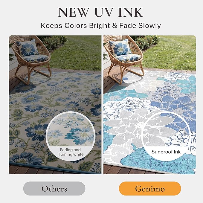 GENIMO Indoor Outdoor Area Rug 6'x9', Machine Washable Rugs for Patio, Waterproof, Non-Slip Easy Cleaning Floral Outdoor Mat Carpet for Living Room, Bedroom, RV, Balcony, Deck, Camping, Light Blue