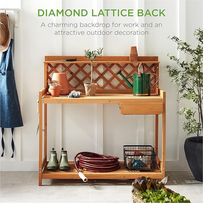 Best Choice Products Outdoor Garden Potting Bench, Wooden Workstation Table w/Cabinet Drawer, Open Shelf, Lower Storage, Lattice Back - Natural