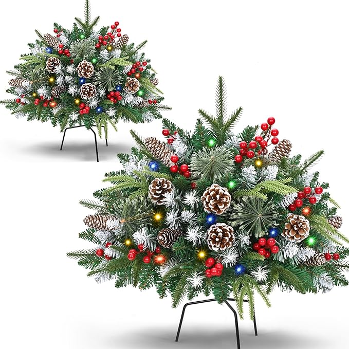 Waipfaru 2 Pack Prelit Planter Bushes, Outdoor Christmas Urn Filler with Lights, 22 Inch Artificial Christmas Tree for Front Porch, Pot, Holiday Planter Filler Outdoor