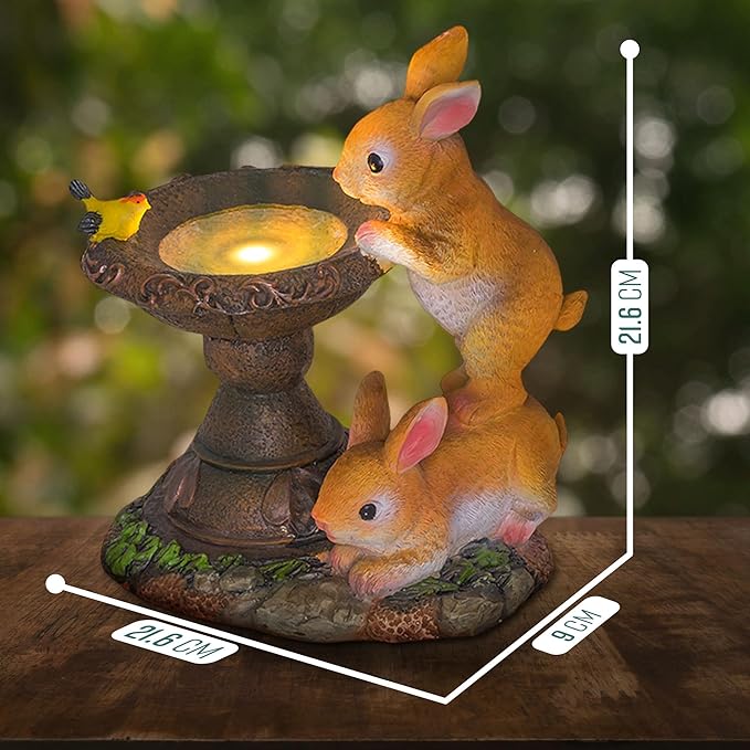 Banax Solar Rabbit Bird Bath for Garden, Ornaments Outdoor Statue Garden Gifts Waterproof Resin Sculpture with Solar Lights Outdoor Ornament for Christmas Decorations & Home Decor