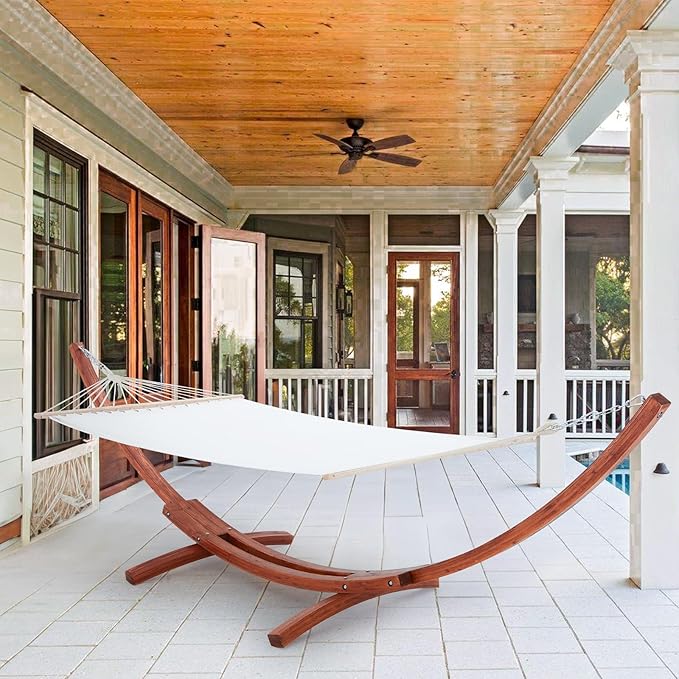 ECOTOUGE 12 FT Hammock with Stand for Outside, Single Person Heavy Duty Wooden Hammock Stand, Large Hammock Bed for Porch, Patio, Balcony, Garden, Backyard, White-Yellow