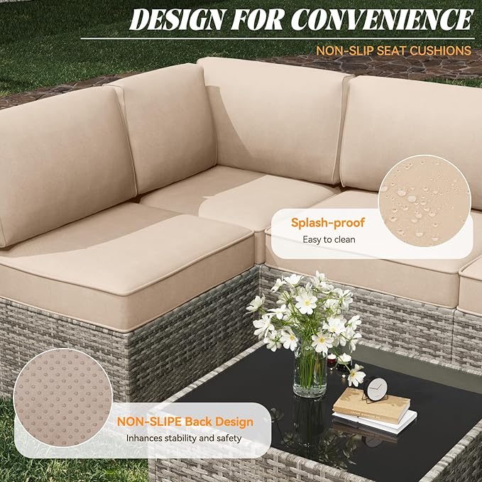 Patio Cushions for Outdoor Furniture,Water-Resistant Outdoor Cushions for 6 Seat Outdoor Sectinal,25.3"×25.3" Deep Seat Sofa Cushions, 14-Piece Outdoor Couch Cushions,Khaki