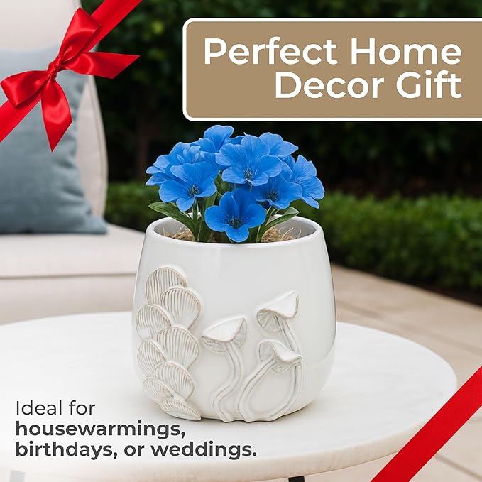 Ceramic Decorative Planter Pot – Modern Indoor Outdoor Plant Holder with Sculpted Mushroom Design and Built-In Drainage, Stylish Pot Stand for Living Room, Entryway or Patio Décor – 6", Ivory & Tan