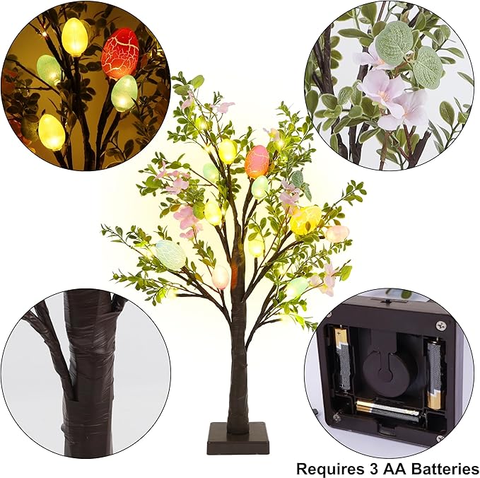 DR.DUDU Easter Decoration Set of 2 Lighted 24 Inch Artificial Tree with Easter Eggs & Colorful LED Lights, Light Up Tabletop Bonsai Tree for Table Home Holiday Spring Decor