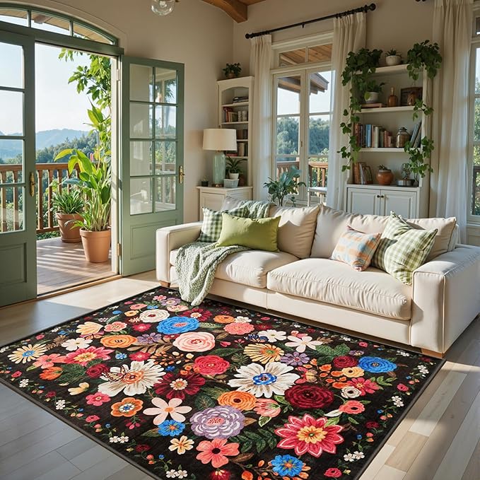 Black Area Rugs 10x14 Living Room, Non Slip Machine Washable Floral Rugs, Low Pile Lightweight Large Rug for Bedroom, Dining Room, Home Office(10 x 14, Black Garden)