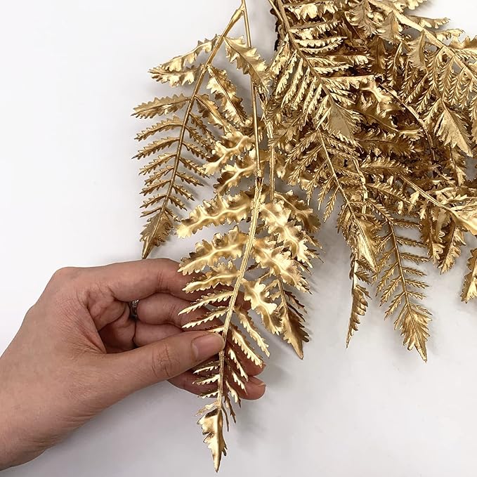 CATTREE Christmas Artificial Plants Decoration, Plastic Golden Shrubs Plant Simulation Boston Leaves Fake Fern Grass for Wedding Party Indoor DIY Home Office Table Centerpieces Decor - Gold 2 Pack