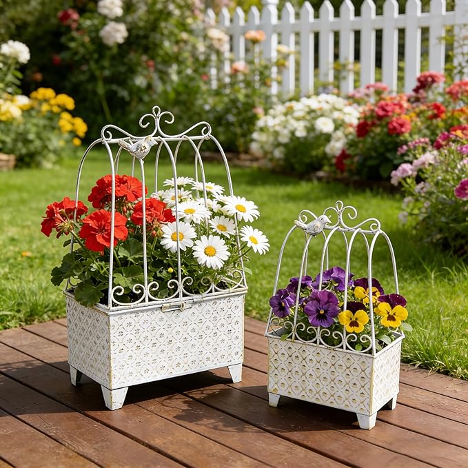 2-Piece Vintage White Metal Birdcage Planter Set, Decorative Flower Pots with Ornate Design for Indoor Outdoor Garden Decor, Distressed Planters (White)