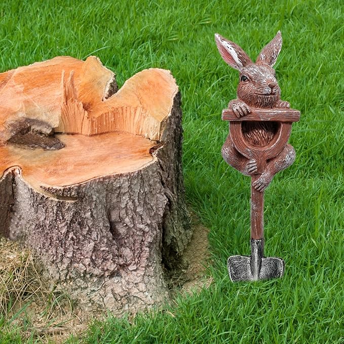 Bunny Garden Statue Resin Bunny Figurine on Shovel Rabbit Planter Outdoor Fairy Garden Yard Lawn Decoration Whimsical Plant Pots Stake Miniature Bunnies Sculpture Housewarming Gift Easter Ornament