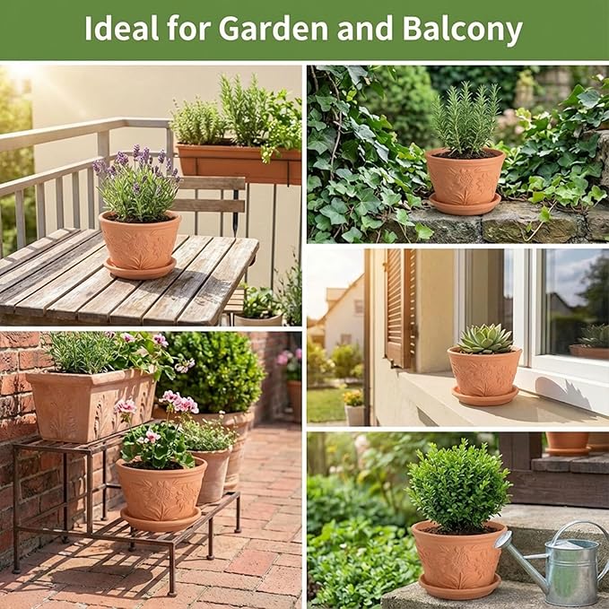 2 Pack Terracotta Plant Pots with Saucers, Boho Clay Flower Pots with Drainage, Lightweight Breathable Shallow Planters for Succulents, Cactus, Herbs & Indoor Outdoor Plants, Sunflower Embossed Design